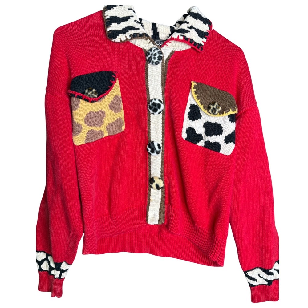 Berek Womens Red Animal Print Patchwork Cardigan Sweater Medium Mixed Media Cow